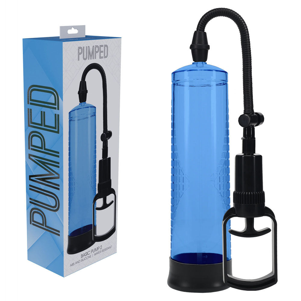 Basic transparent penis pump with measurement cylinder and soft silicone entry sleeve for erectile support and enhancement, blue | Flirty bay online adult store, adult toys and lingerie